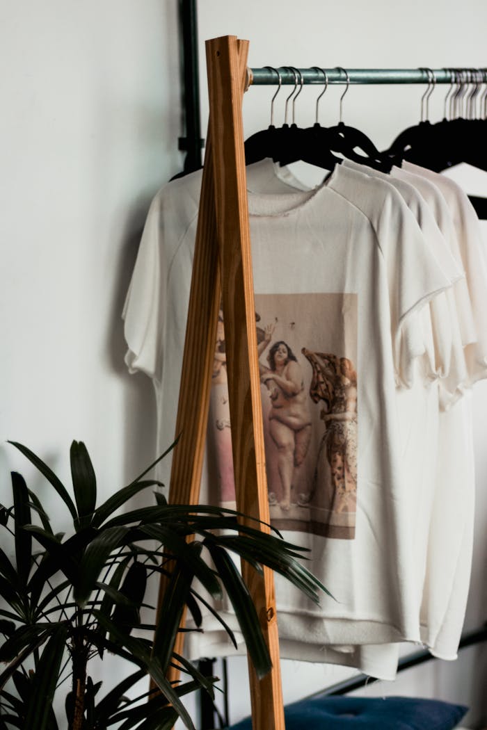 services-02 Stylish indoor clothing rack featuring white t-shirts with classical art prints in a minimalist setting.